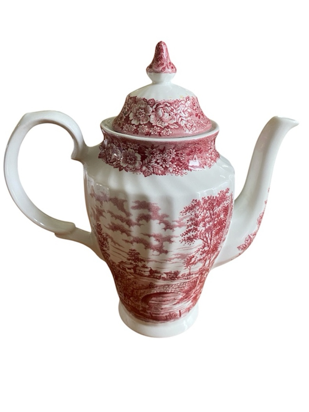 British Anchor Ironstone Coffee Pot “Memory Lane” Red Transferware Vintage